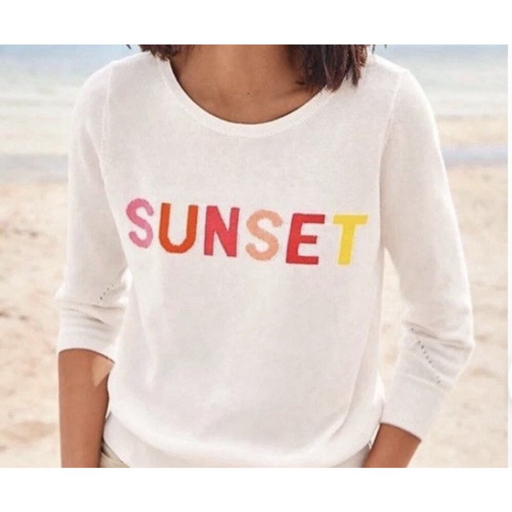 LOFT Lightweight Sweater Sunset Print 3/4 Sleeves White Linen Blend NWOT Size S